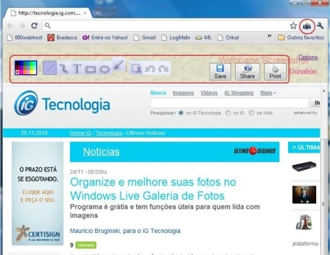 Webpage Screenshot: barra superior traz atalhos para tratar imagens
