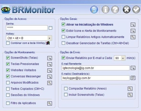 Interface de configuração do programa espião BRMonitor